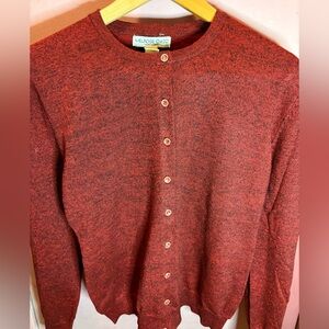 Melrose Chic Heathered Red Cardigan. Jeweled Buttons.